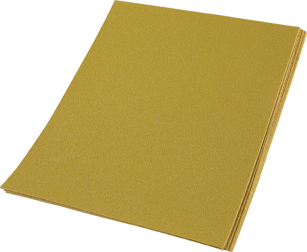 Sheets, 9" x 11", aluminum oxide, gold, 320 grit, paper, B weight, 100 per package