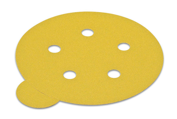 PSA disc, 5", 5 holes, aluminum oxide, gold, 150 grit, paper with tabs, 100 per package