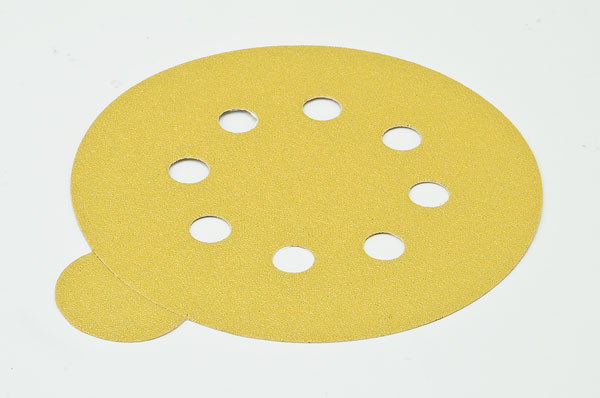 PSA disc, 5", 8 holes, aluminum oxide, gold, 320 grit, paper with tabs, 100 per package