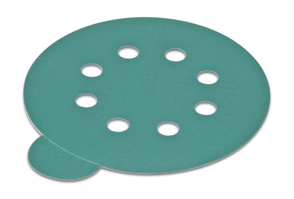 PSA disc, 5", 8 holes, aluminum oxide, 180 grit, filmbac with tabs, 100 per package