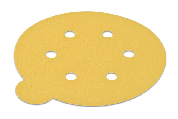 PSA disc, 6", 6 holes, aluminum oxide, gold, 80 grit, paper with tabs, 100 per package