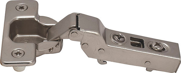 Hinge Clip-on, 110 degree, half overlay, soft closing, dowel, steel nickel-plated, Mod 4