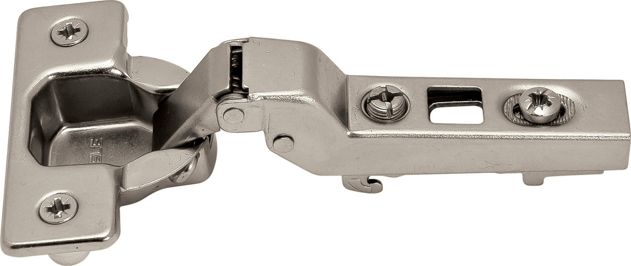 Hinge Clip-on, 110 degree, half, overlay, self-closing, dowel, steel, nickel-plated, Mod 4