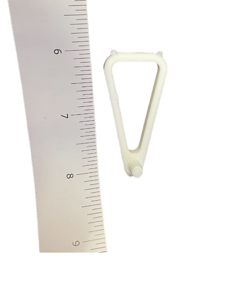 Rigid plastic shelf hold down clip with 5mm peg designed for 3/4″ thick shelving.