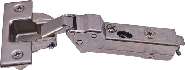 Grass Tiomos Hinge, 120 degree opening, half overlay, soft-close, dowel, steel, nickel-plated