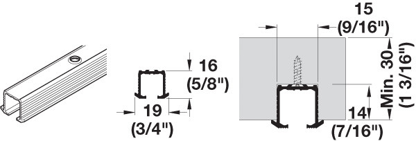 Clipo 16 Top Track for screw mount, single, pre-drilled, aluminum, 2.5 meters