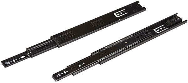 Ball Bearing Slide, Accuride CB3834SCP, overtravel, self-closing, full extension, steel, zinc-plated black, 90 lbs, 14"