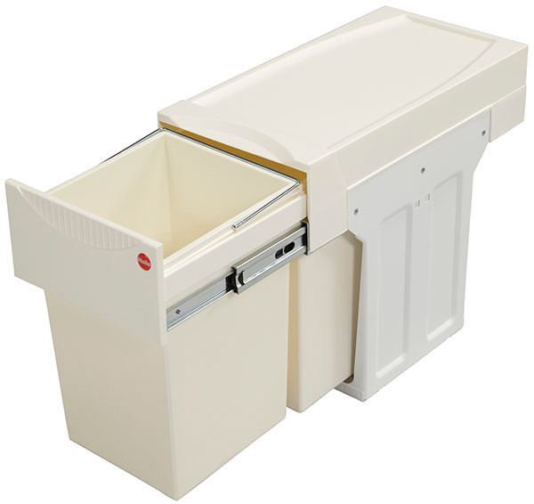 Double Trash Can, steel, white, bottom mounted, 2 x 15 liters