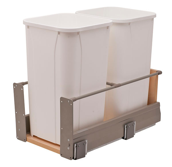 Moovit Trash Can, single, bottom mount, steel, metallic white, with 2 27 quart trash bins