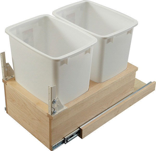 Trash Can, with soft close, bottom mount, double, birch, 14.25" wide, includes 36 quart cans