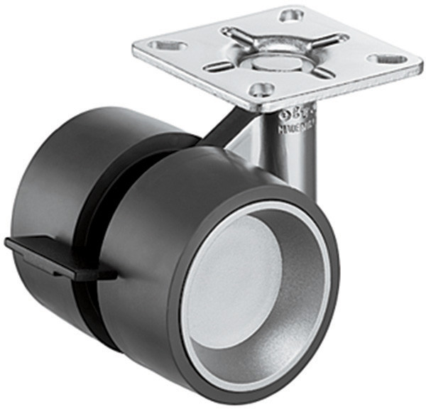 Caster twin wheel, silver with black wheel, steel, 60mm