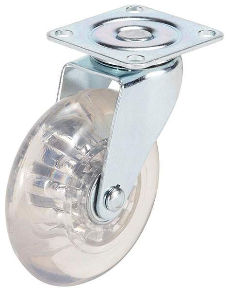 Caster, swivel, mounting plate, plastic, steel, transparent, 75mm