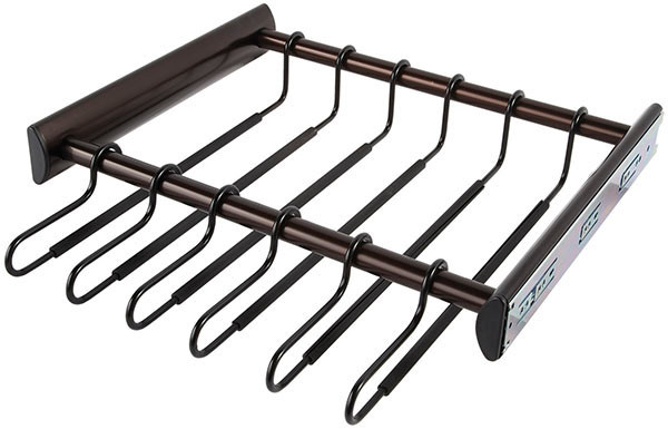 Synergy Pants Rack, aluminum, dark oil rubbed bronze, 18" width, pulls out with full extension slides, 12 black hangers included