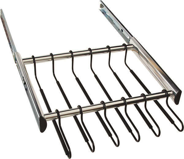 Synergy Pants Rack, aluminum, chrome-plated, polished, 18" width, pulls out with full extension slides, 12 black hangers included