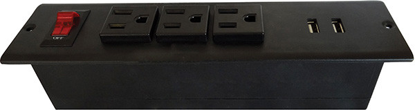 Power/Data Center, surface mounted, 3 power, 2 USB charging ports, plastic, black
