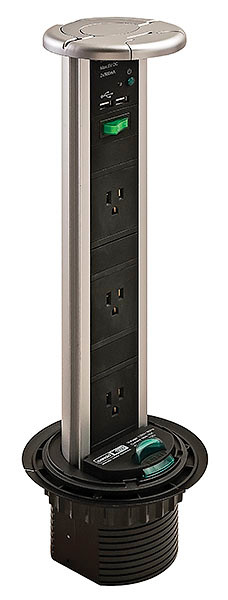 Sensiopod, vertical, powerdock, three outlets, two USBs, IP54 rated, plastic, black & aluminum, chrome top