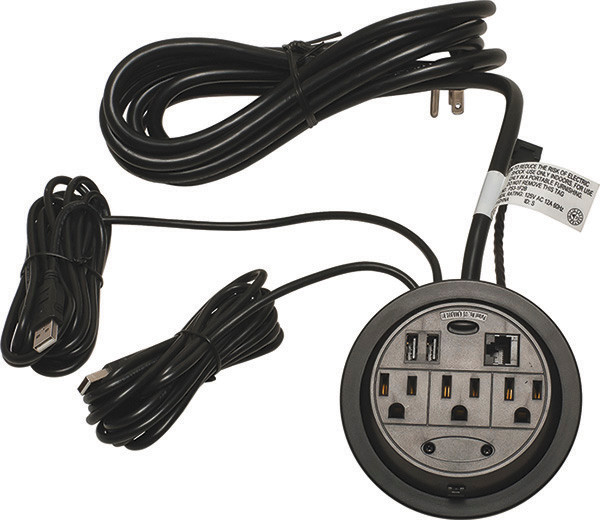 Power/Data Station, three power, one data outlet, two USB, plastic, black