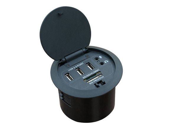 Power/Data Docking Station, three USB, two card, audio jacks, plastic, black