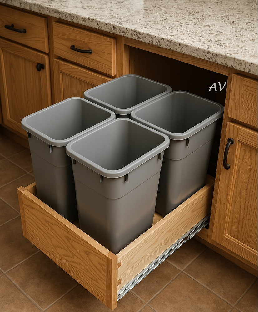 Door mount slide-out waste bin - Quad, 27Quart baskets White or Gray, any size-place inside cabinet size to notes at checkout