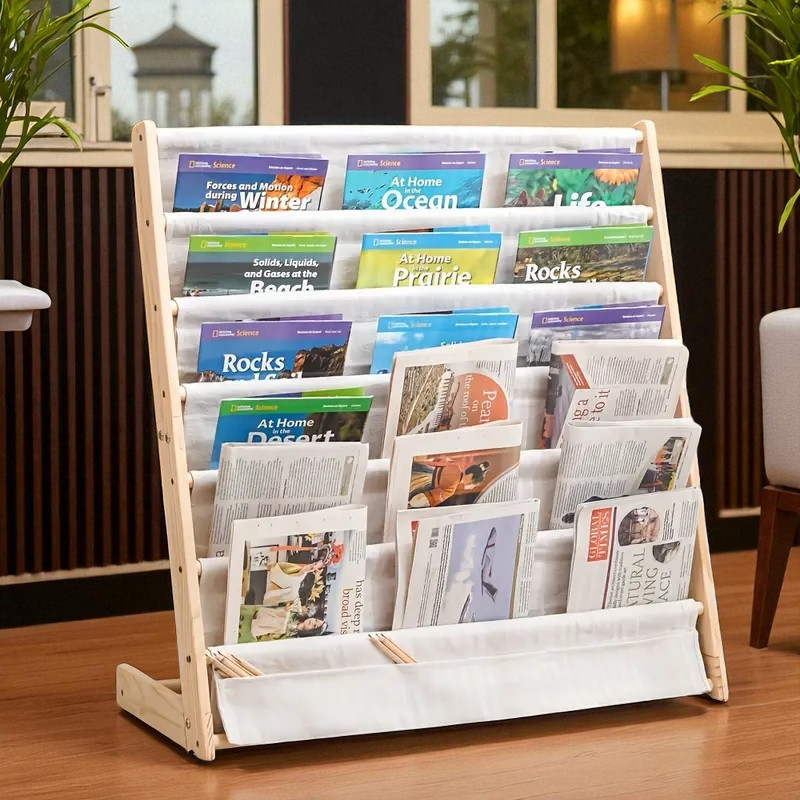 Custom Wooden Book Magazines Storage "Kangaroo" for Home Organization, Featuring Fabric Shelves, Standing Shelf