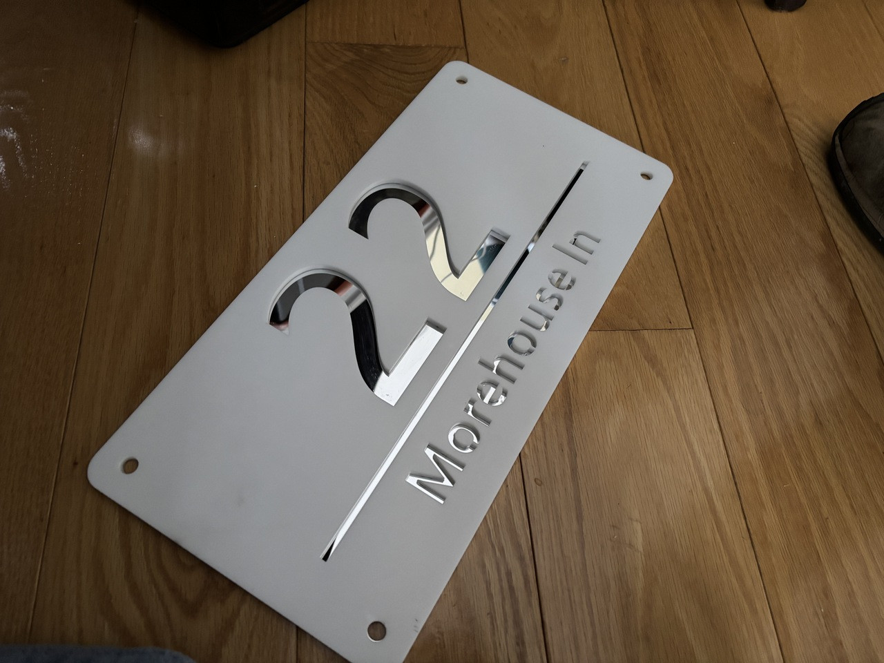 Custom White Frosted Laser Cut Acrylic 3D Door Sign For Outdoor Street Address Name, mirror back 15.5"x7.75"