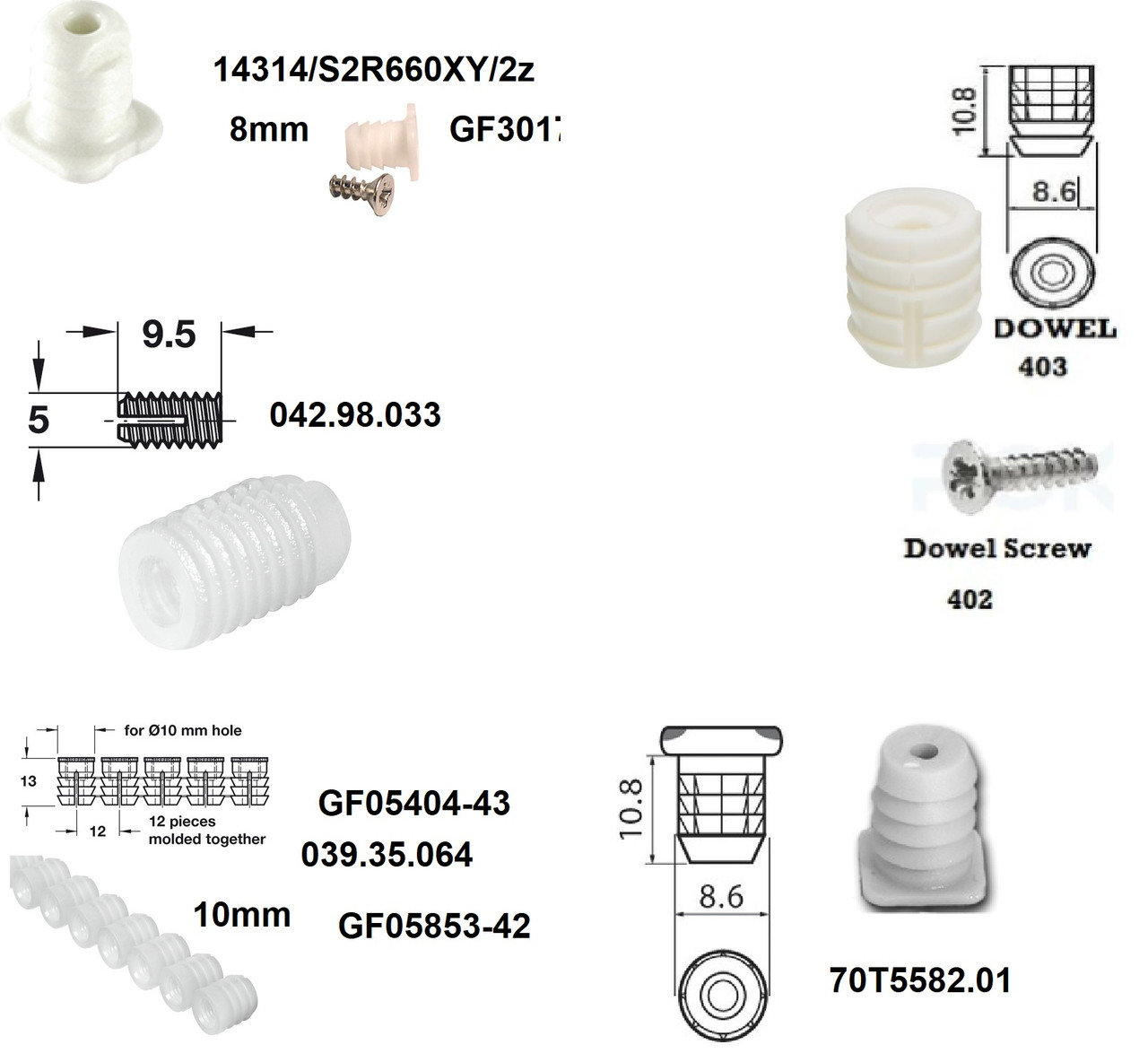 Plastic Hinge Screw Dowels, Choose Size Dowels for Use with Hinges, universal