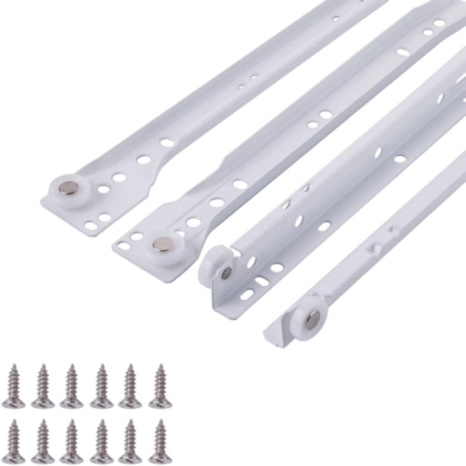 Epoxy Coated Euro Slides, Drawer Slide Complete Set White, Choose size, 3/4 extention, 100lb limit, Plastic wheel,Self Closing