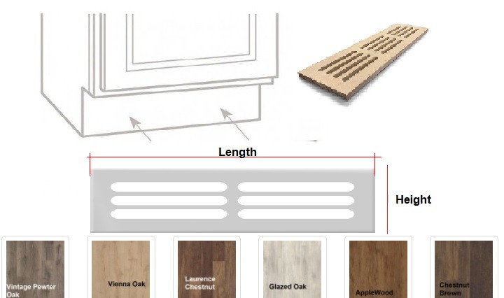 Cabinet Toe Kick Vented Vents Pergo Outlast Stair risers 5/8"-1/2" Thick 4 Feet Long Choose your color and Add Ons -Lighting Toekick