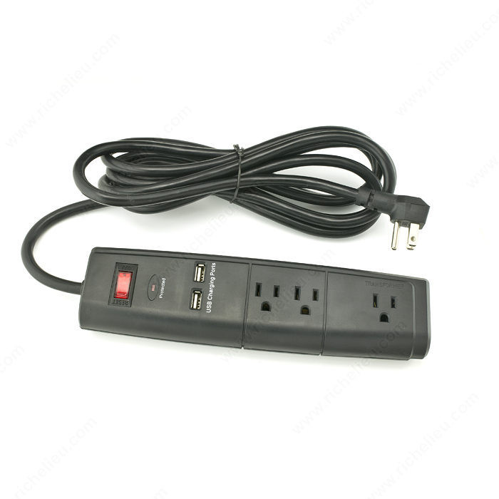 Power Bar with 3 Charge Outlets and 2 USB, Dual USB Ports,