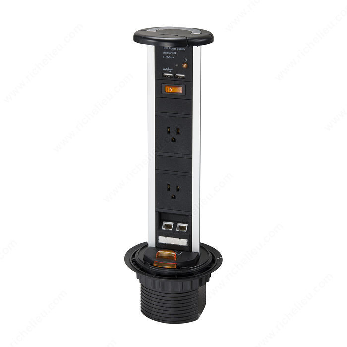 Richelieu 2-Plug Pop-Up Power Bar, Finish Black, Features USB / Power Receptical / RJ45