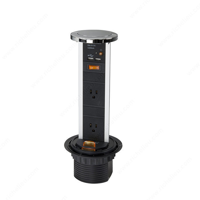 Richelieu 2-Plug Pop-Up Power Bar, Finish Chrome, Features USB / Power Receptical
