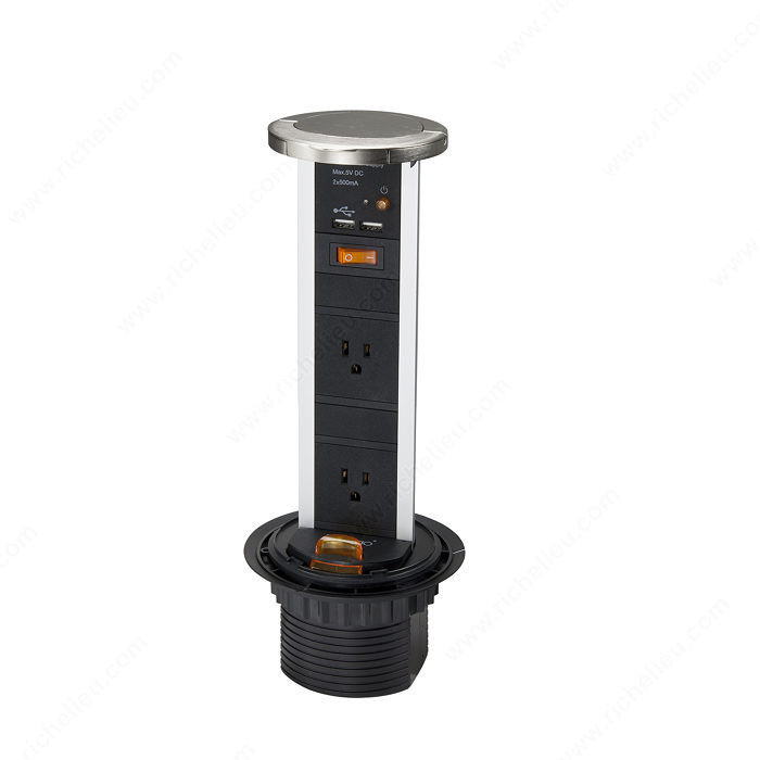 Richelieu 2-Plug Pop-Up Power Bar, Finish Satin Nickel, Features USB / Power Receptical