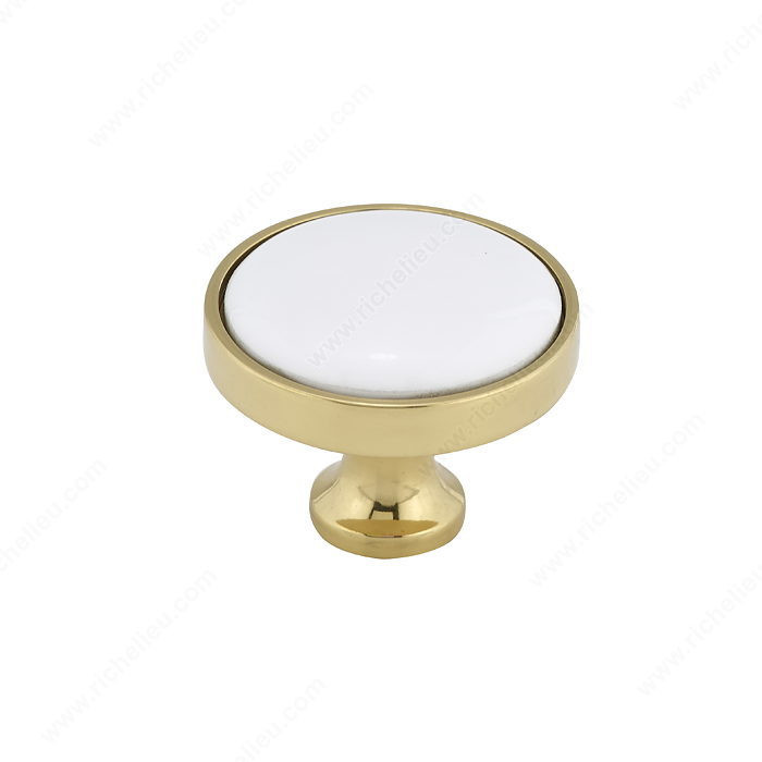 Eclectic Metal and Ceramic Knob - 4418, Finish Brass / White, Material Brass / Ceramic, Screw/Nail 8/32 (Not Included)