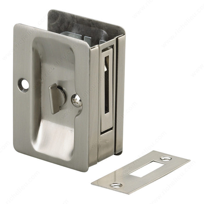 Pocket Door Pull with Privacy Lock - Rectangular, Compatible with left- hand and right- hand doors., Door Thickness 1 1/4 to 1 1/2 in, Finish Brushed Nickel