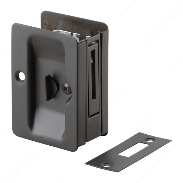 Pocket Door Pull with Privacy Lock - Rectangular, Compatible with left- hand and right- hand doors., Door Thickness 1 1/4 to 1 1/2 in, Finish Oil-Rubbed Bronze
