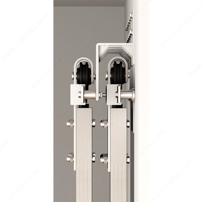 Wall mount bracket for bypass door, For use in installing two sets of hardware for bypass doors., Finish/ Color Stainless Steel, Material Stainless Steel