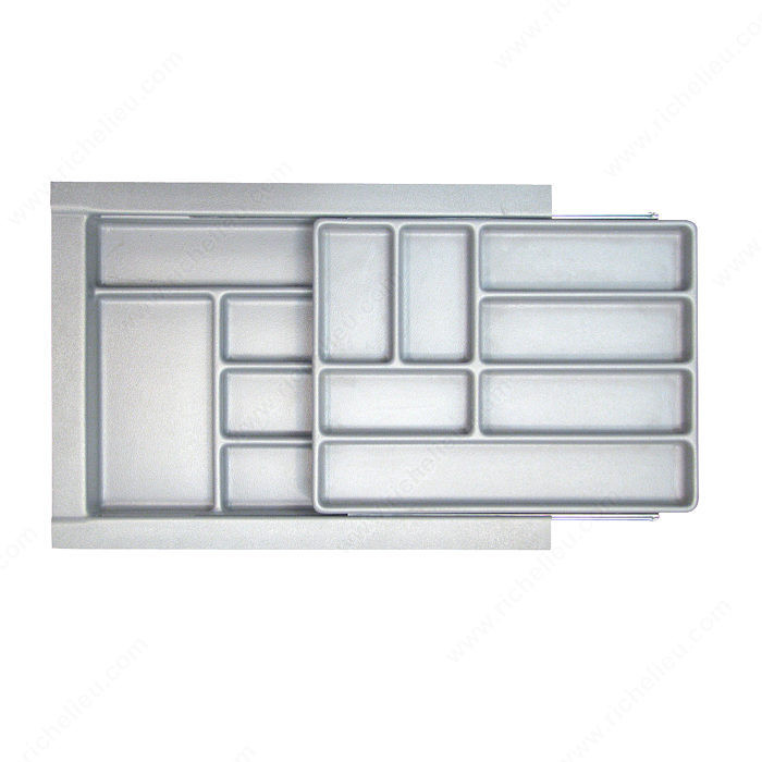 Double-Tiered Cutlery Tray, Width 13 3/4 to 15 3/4 in, Depth 18 to 21 1/2 in, Finish Silver Grey