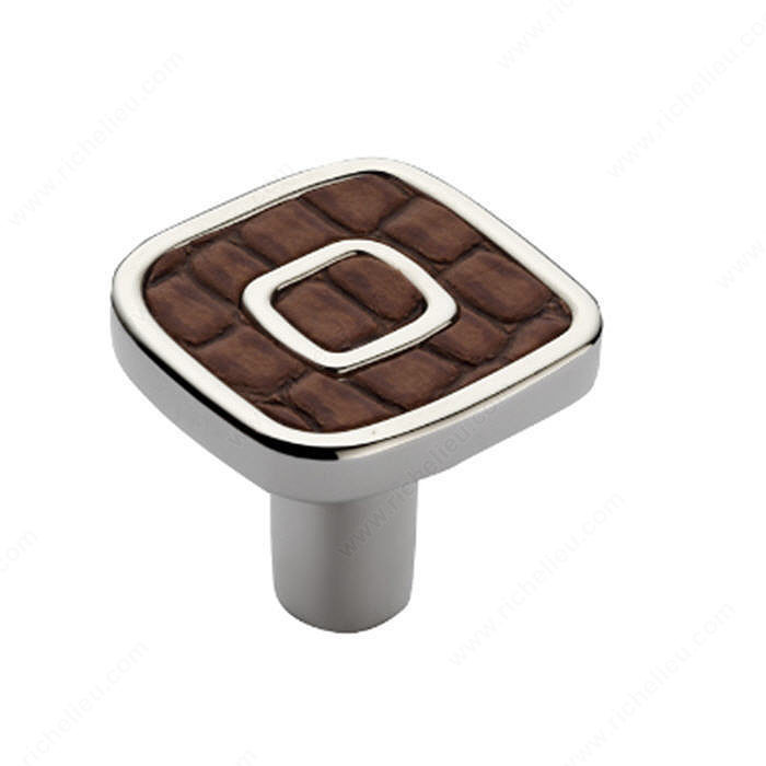 Contemporary Metal and Leather Knob - 6430, Finish Polished Nickel / Cinnamon