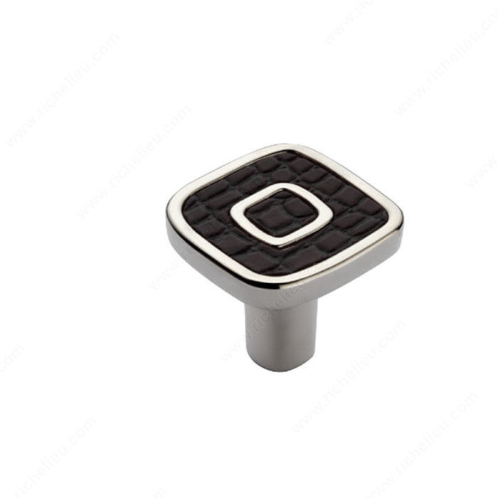 Contemporary Metal and Leather Knob - 6430, Finish Polished Nickel / Chocolate