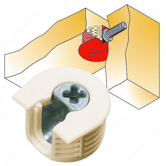 Knock-in Housing Non-Outrigger Drop-In, Assembly only from the top, Drilling Depth 12.5 mm, Panel Thickness 16 mm, Finish Almond