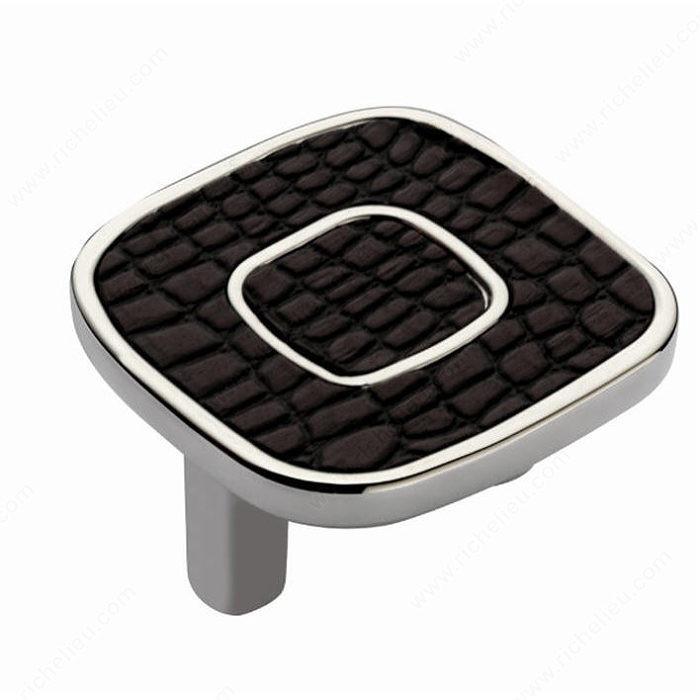Contemporary Metal and Leather Knob - 6432, Finish Polished Nickel / Chocolate