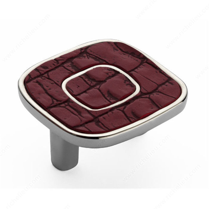 Contemporary Metal and Leather Knob - 6432, Finish Polished Nickel / Grape