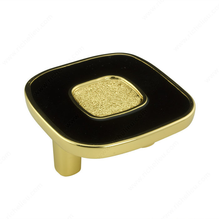 Contemporary Metal and Leather Knob - 6432, Finish Metallic Gold / Black, Material Enamel / 24K Gold-Plated