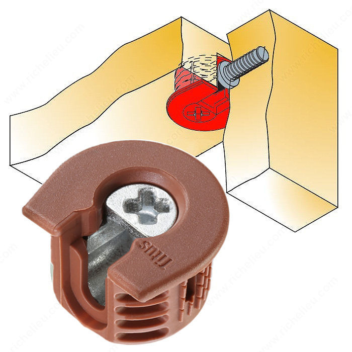 Knock-in Housing Non-Outrigger Drop-In, Assembly only from the top, Drilling Depth 14 mm, Panel Thickness 19 mm, Finish Warm Cherry