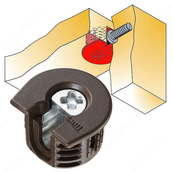 Knock-in Housing Non-Outrigger Drop-In, Assembly only from the top, Drilling Depth 14 mm, Panel Thickness 19 mm, Finish Dark Brown