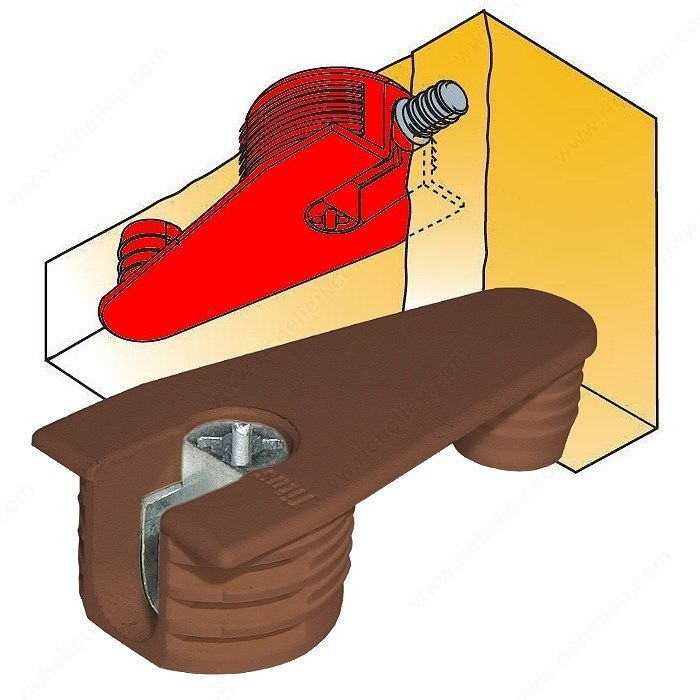 Quickfit-Expando Housing Outrigger - Combined Assembly (front and top), Combined assembly (front and top), Panel Thickness 16 mm, Drilling Depth 12.5 mm, Finish Brown