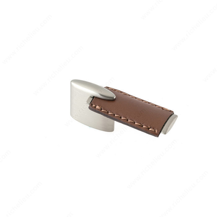 Contemporary Metal and Leather Pull - 7451, Finish Brown Leather / Brushed Nickel