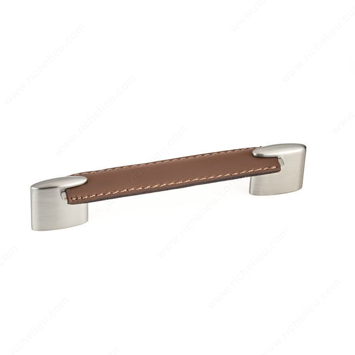 Contemporary Metal and Leather Pull - 745, Center to Center 128 mm, Finish Brown Leather / Brushed Nickel
