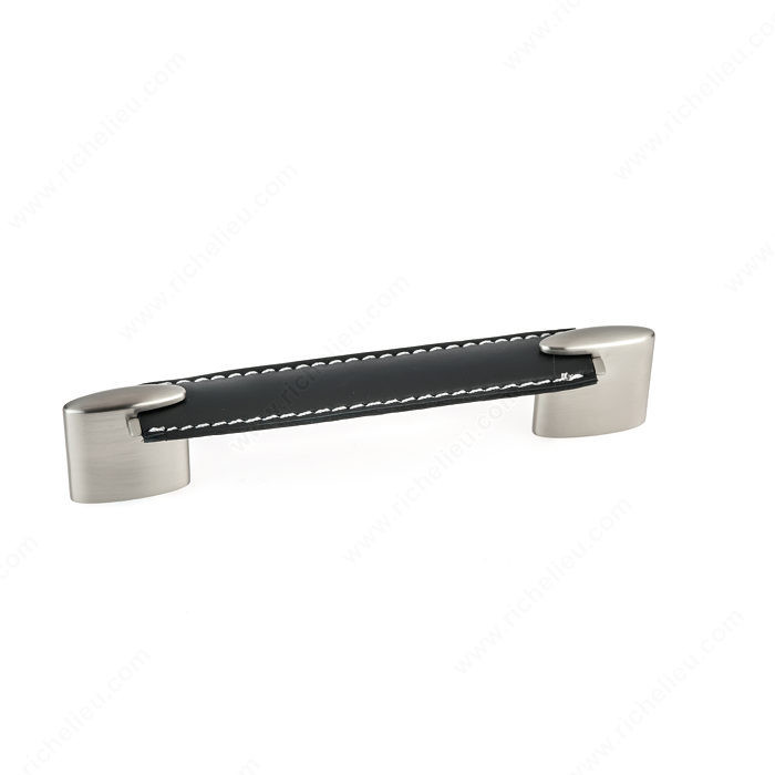 Contemporary Metal and Leather Pull - 745, Center to Center 128 mm, Finish Black / Brushed Nickel, Length - Overall Dimensions 172 mm