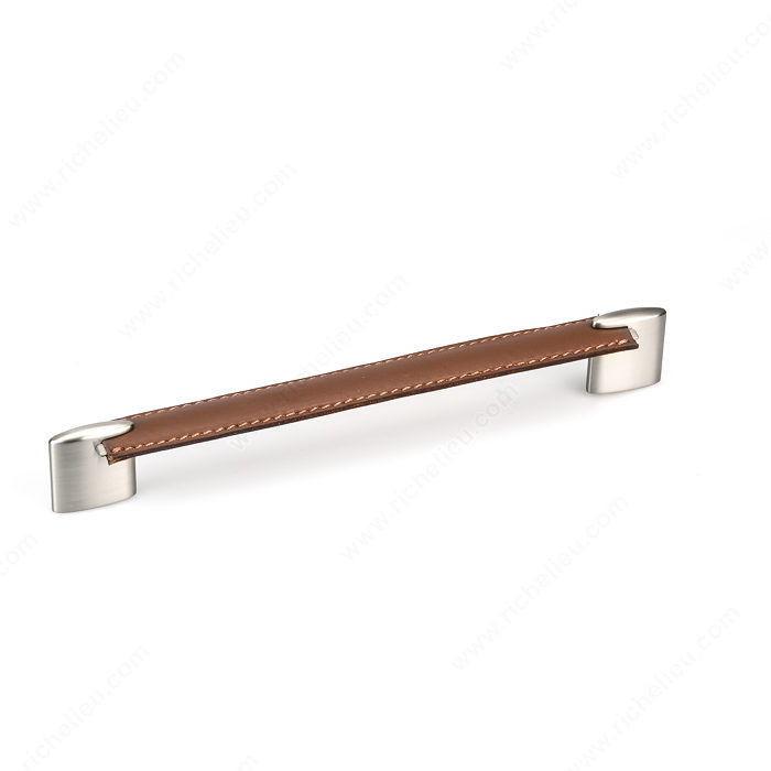 Contemporary Metal and Leather Pull - 745, Center to Center 224 mm, Finish Brown Leather / Brushed Nickel